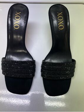 XOXO Black Sparkle Beaded Slide Mules